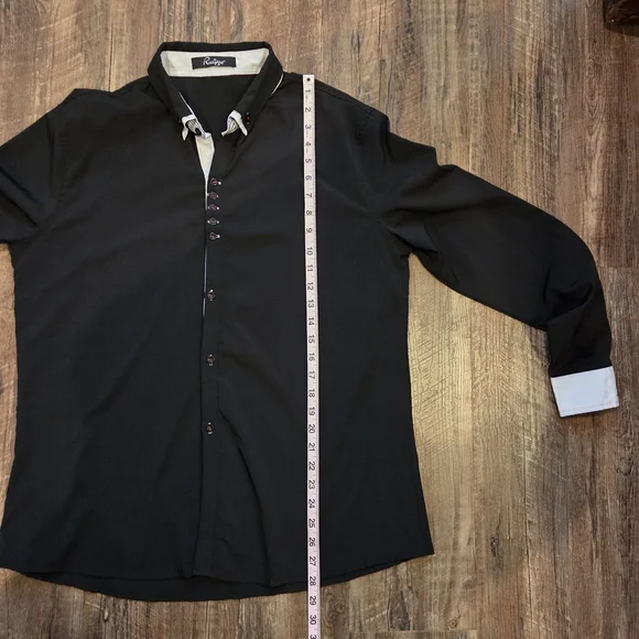 Ruiqige Black Button-Down Shirt with White Contrast Trim Red Button Men's M/L - Picture 7 of 8